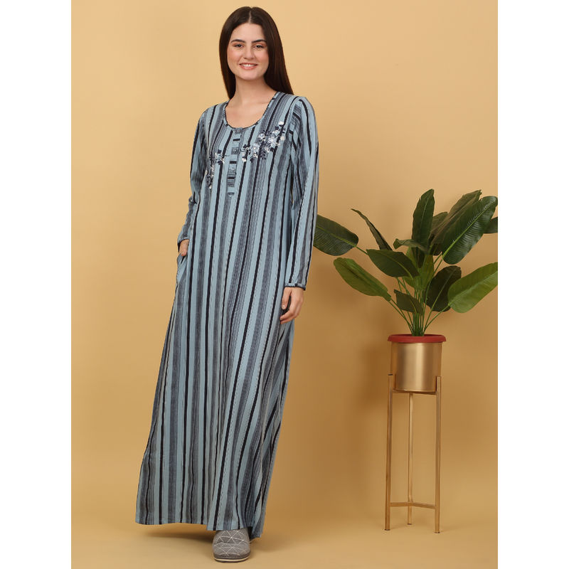 Sweet Dreams Women Blue Stripes Nightdress (M)