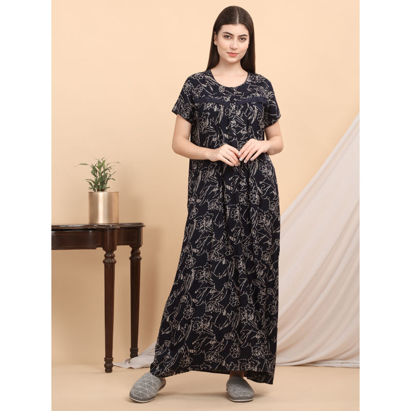 Sweet Dreams Women Navy Blue Printed Nightdress (L)
