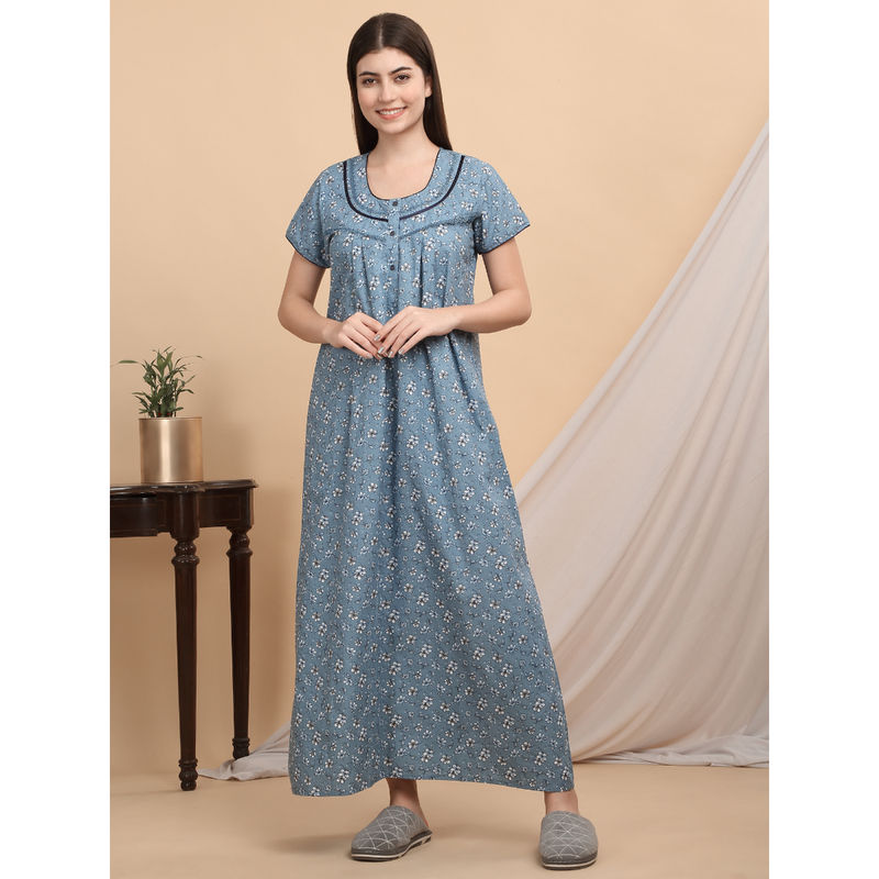 Sweet Dreams Women Blue Floral Nightdress (L)
