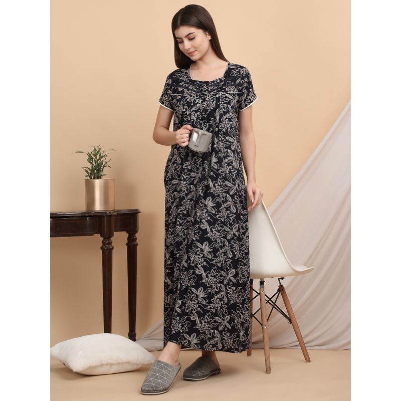 Sweet Dreams Women Navy Blue Floral Nightdress (L)