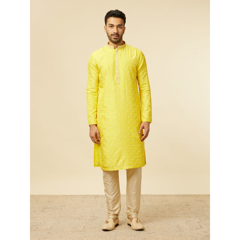 Manyavar Yellow Rayon Embroidery Mirror Work Kurta with Pyjama (Set of 2) (S)