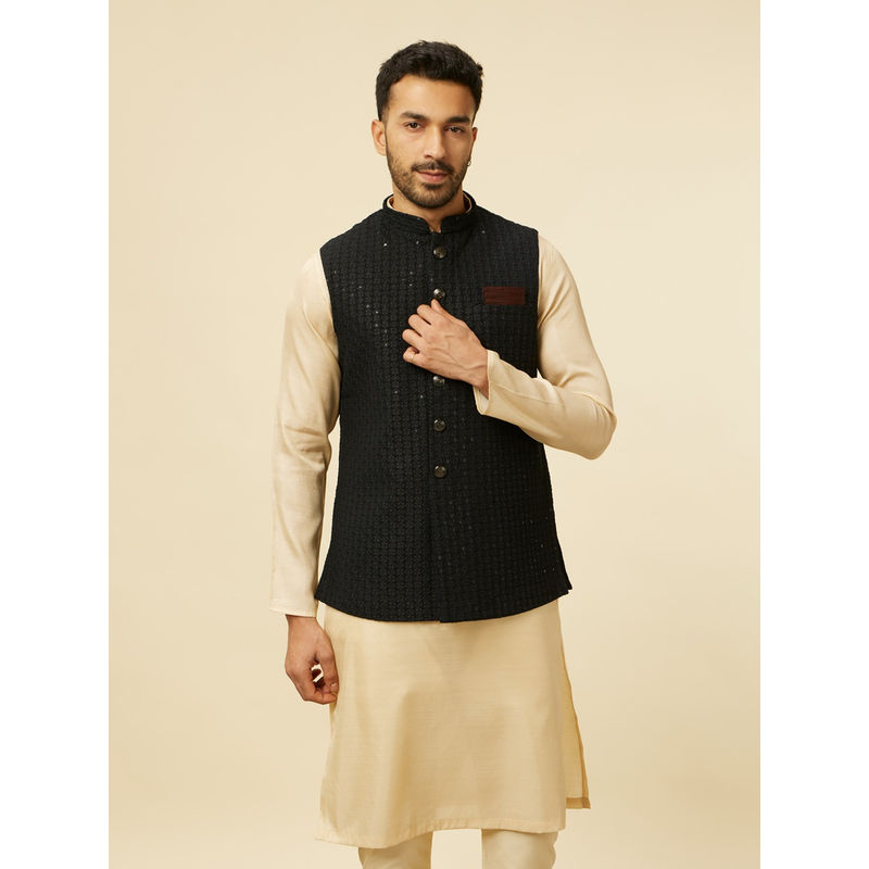 Manyavar Black Viscose Embroidery Thread Work Jackets (Set of 2) (S)