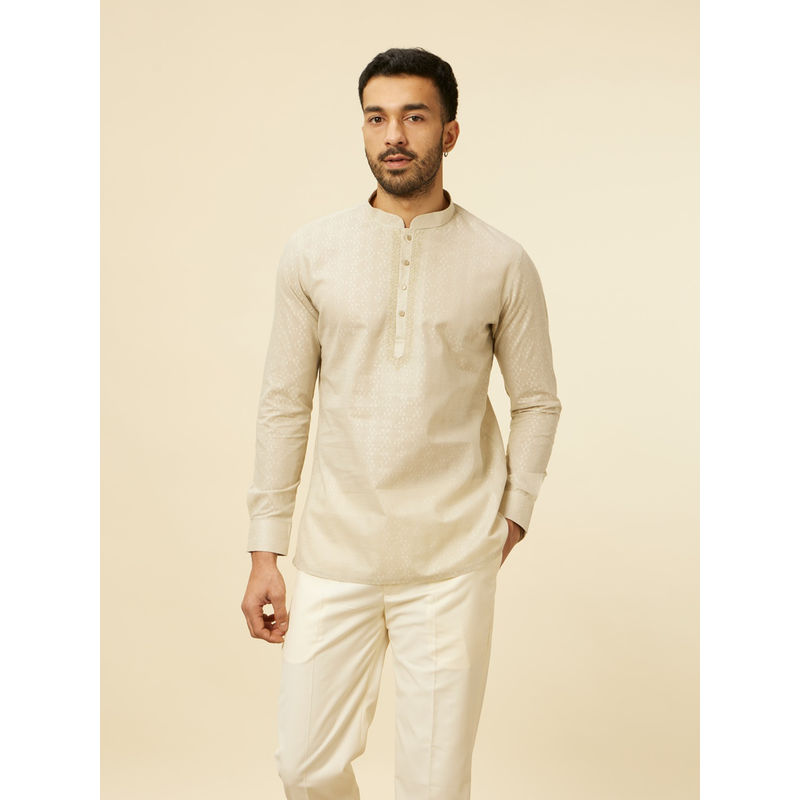 Manyavar Off White Cotton Embroidery Short Kurta (L)