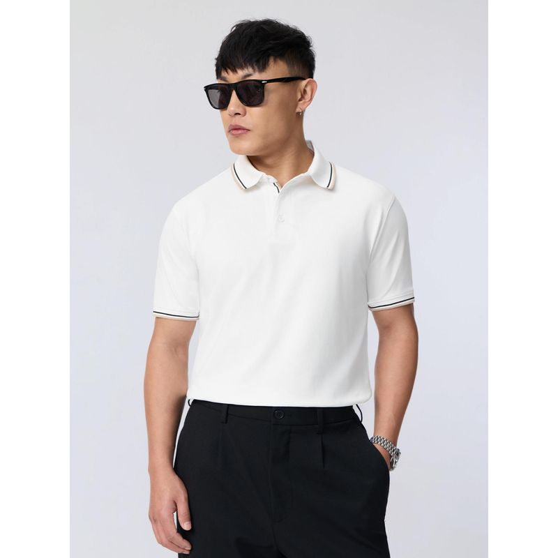 The Souled Store Pique Polo: Ivory Mens Textured Polo T-Shirt (M)