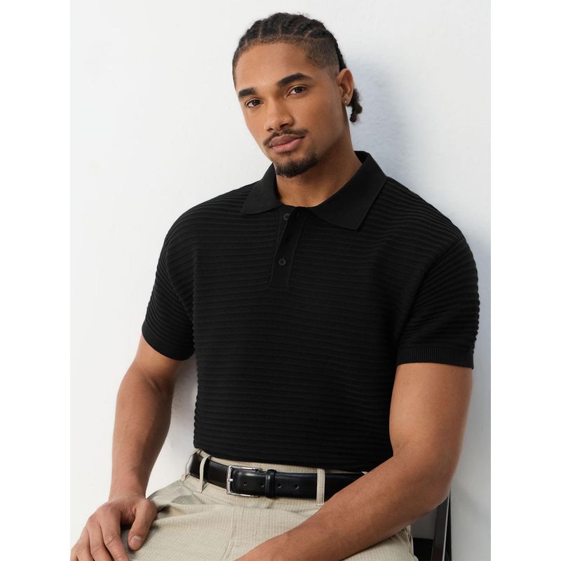 The Souled Store Flat Knit Polo: Onyx Mens Polo T-Shirt (XS)