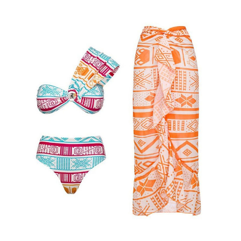 Addery Multi One-Shoulder Bikini Top with Sarong Skirt and Bottom (Set of 3) (M)