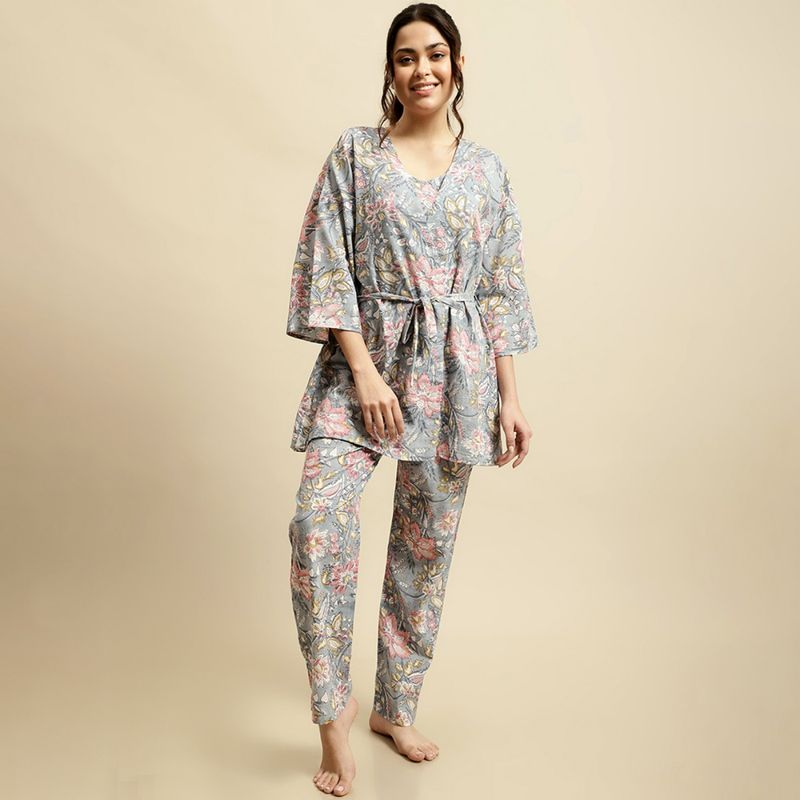 Secret Wish Womens Grey & Pink Jaipuri Floral Block Print 3 Piece Night Suit (Set of 4) (L)