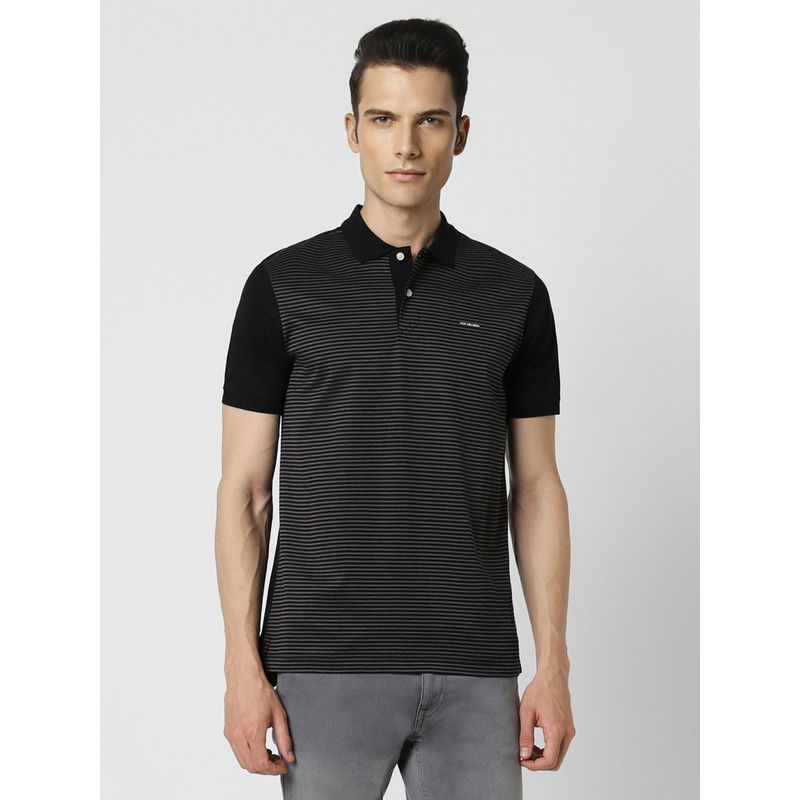 Van Heusen Men Black Stripe Collar Neck Polo T-Shirt (M)