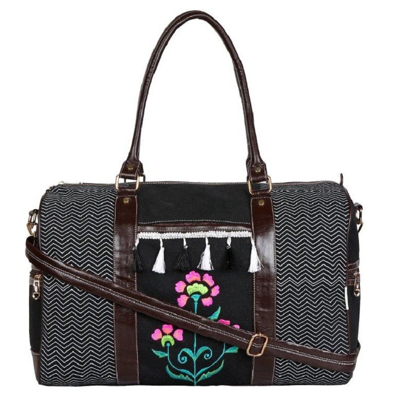 Pick Pocket Black Zigzag Printed Floral Embroidered Duffle Bag With