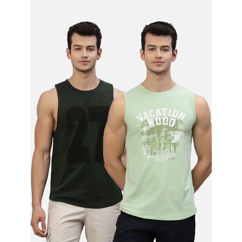 RIGO Men Combo Of Bottle Green And Mint Printed Vest T-Shirts (Pack of 2) (XL)