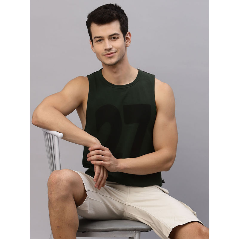 RIGO Men Bottle Green Numerical Print Round Neck Sleeveless T-Shirt Vest (M)