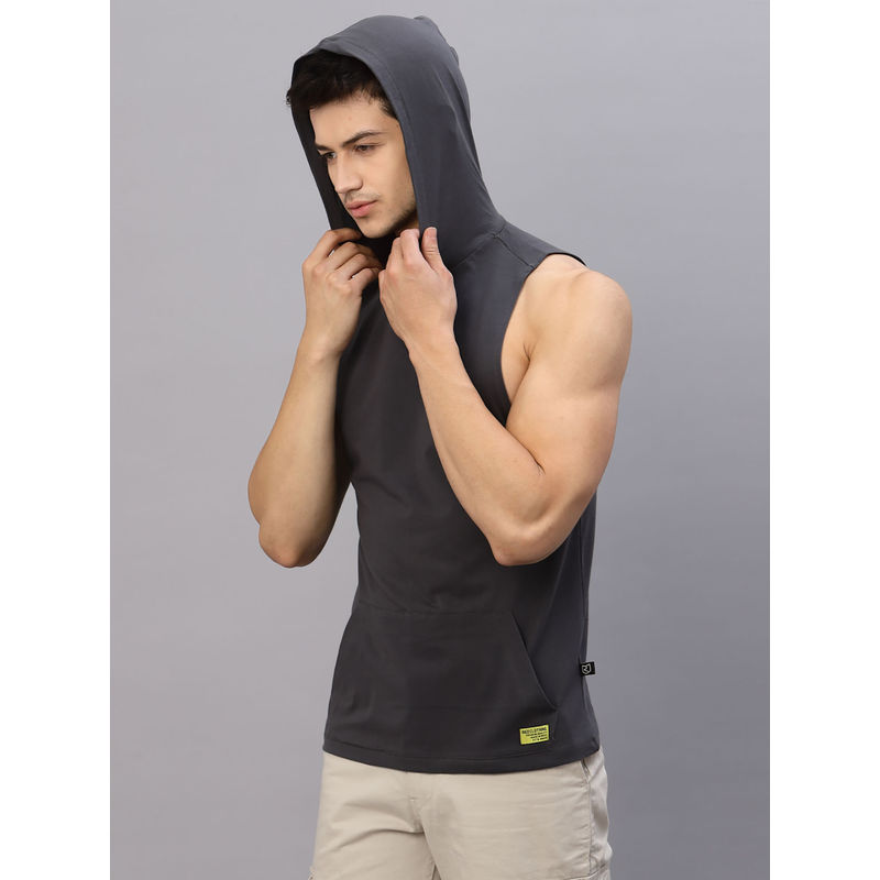 RIGO Men Dark Grey Hooded With Kangaroo Pocket Sleeveless T-Shirt Vest (M)