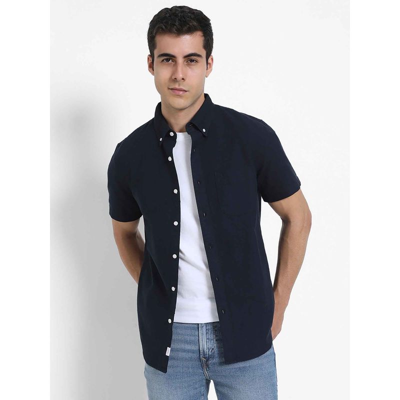American Eagle Men Navy Blue Solid Half Sleeves Shirt (L)
