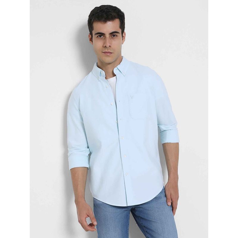 American Eagle Men Light Blue Solid Full Sleeves Shirt (L)