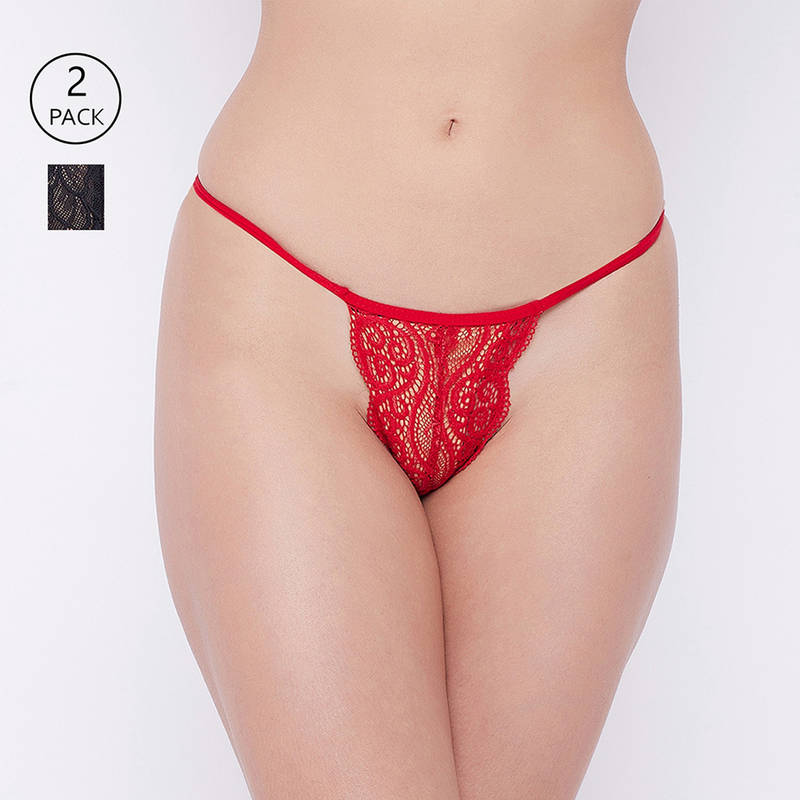 Secrets by Zerokaata Women Pack Of 2 Assorted Self Design Lace Thong Briefs (M)