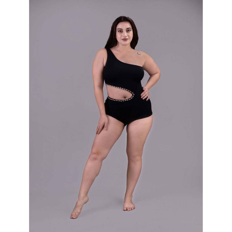 Keepfit Black One Shoulder Waist Cut Out Detail Swimsuit for Women (4XL)