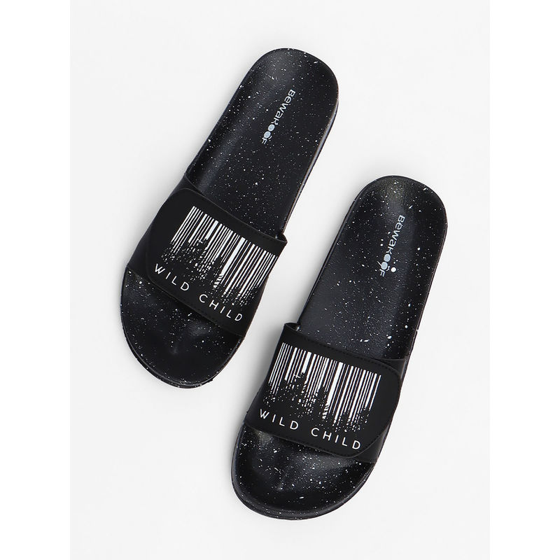 Bewakoof Black Wild Child Printed Sliders (UK 7)