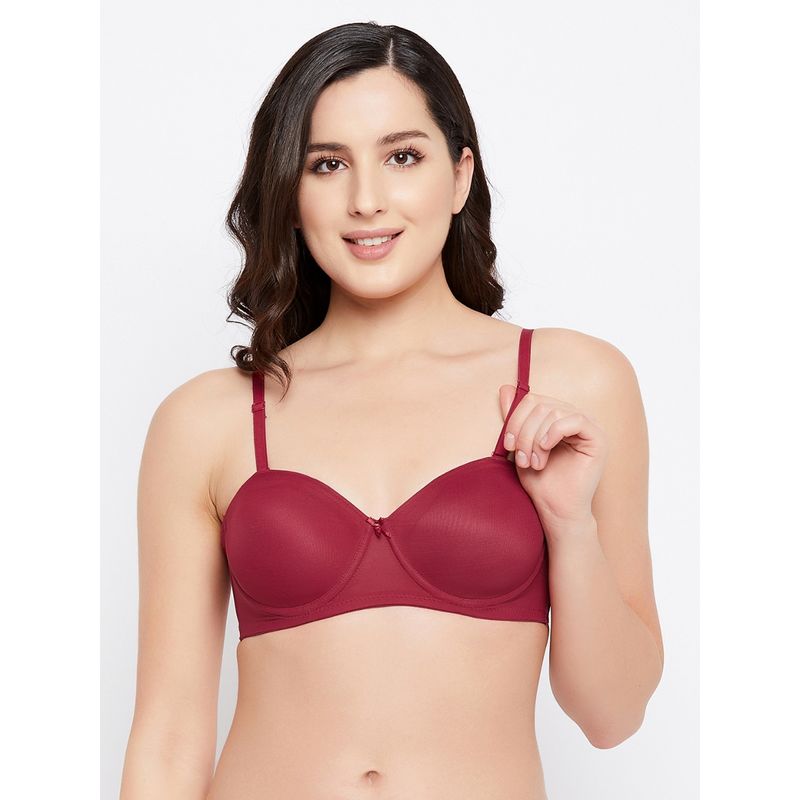 Clovia Lace Solid Lightly Padded Full Cup Underwired Balconette Bra - Maroon (32B)