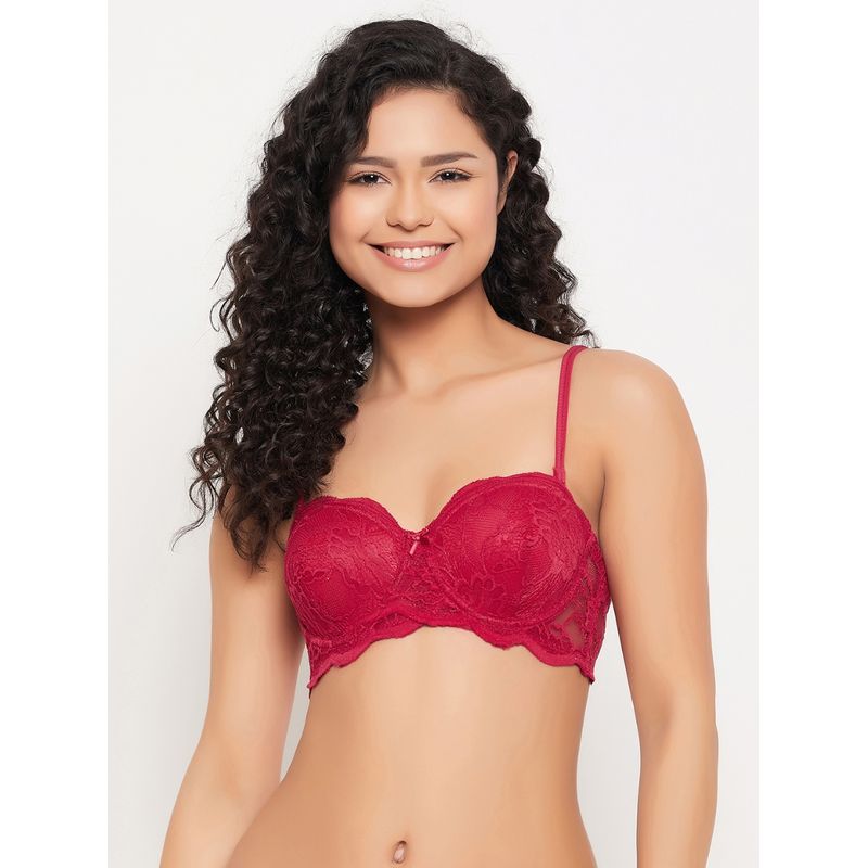 Clovia Lace Lightly Padded Full Cup Underwired Balconette Bra - Red (42C)