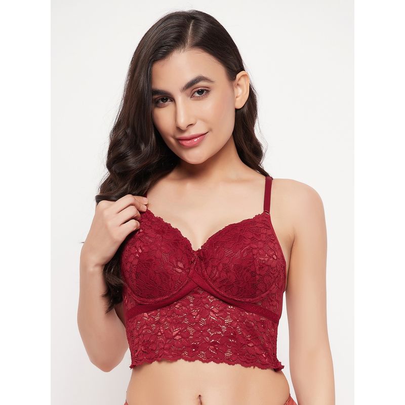 Clovia Lace Lightly Padded Full Cup Underwired Bralette Bra - Maroon (32B)
