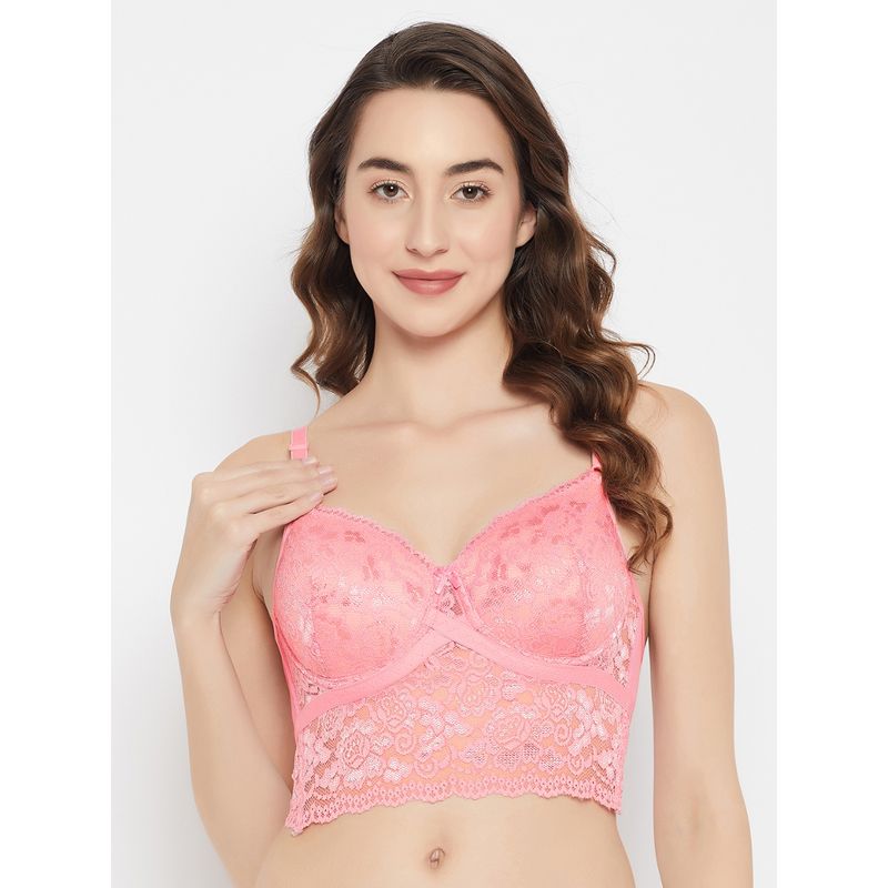 Clovia Lace Lightly Padded Full Cup Underwired Bralette Bra - Pink (32B)