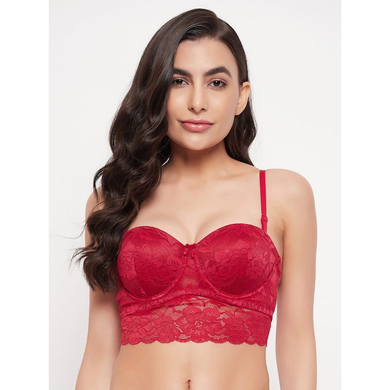 Clovia Lace Lightly Padded Full Cup Underwired Bralette Bra - Red (32B)