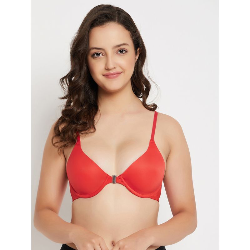 Clovia Polyamide Solid Lightly Padded Demi Cup Underwired Plunge Bra - Red (38B)
