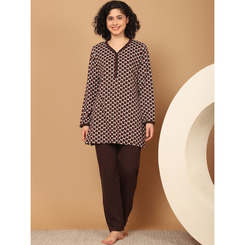 Kanvin Womens Brown Printed Full Sleeve Top with Pyjama (Set of 2) (M)