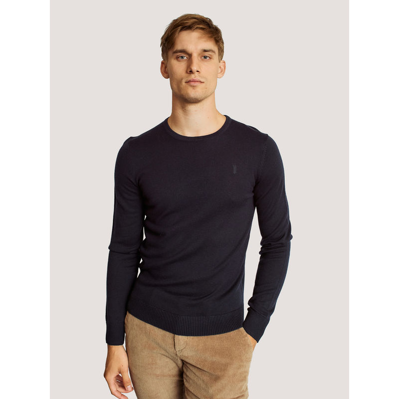 Bruun & Stengade Men Blue Solid Round Neck Full Sleeves Sweater (L)