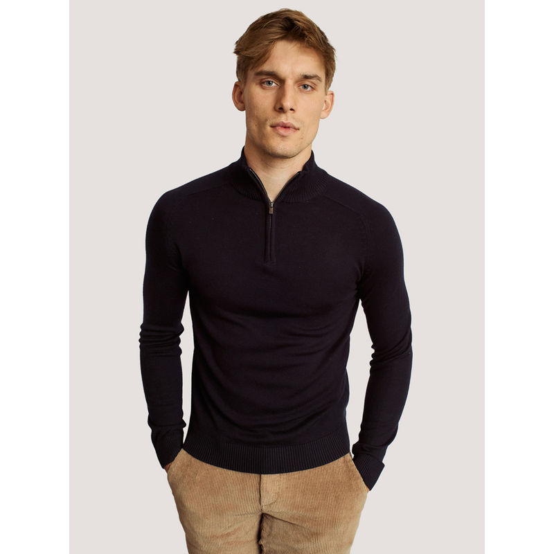 Bruun & Stengade Men Navy Blue Solid High Neck Full Sleeves Sweater (XL)