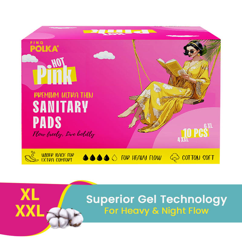 PINQ POLKA Hot Pink Sanitary Pads XXL & XL Rash Free Heavy Flow Double Wings Protection