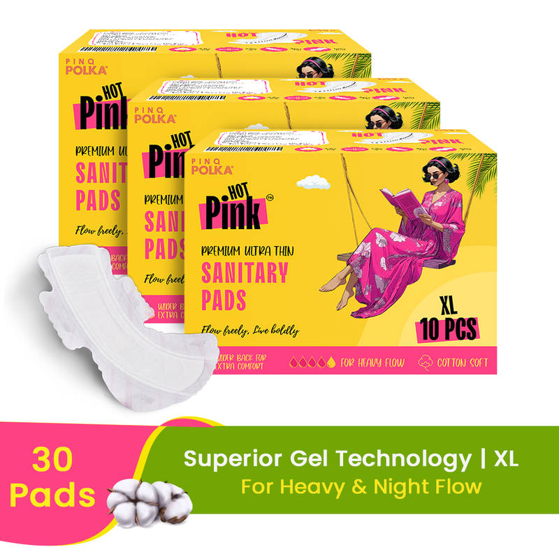 PINQ POLKA Hot Pink Sanitary Pads XL Rash Free Heavy Flow Double Wings 5 Layer Protection
