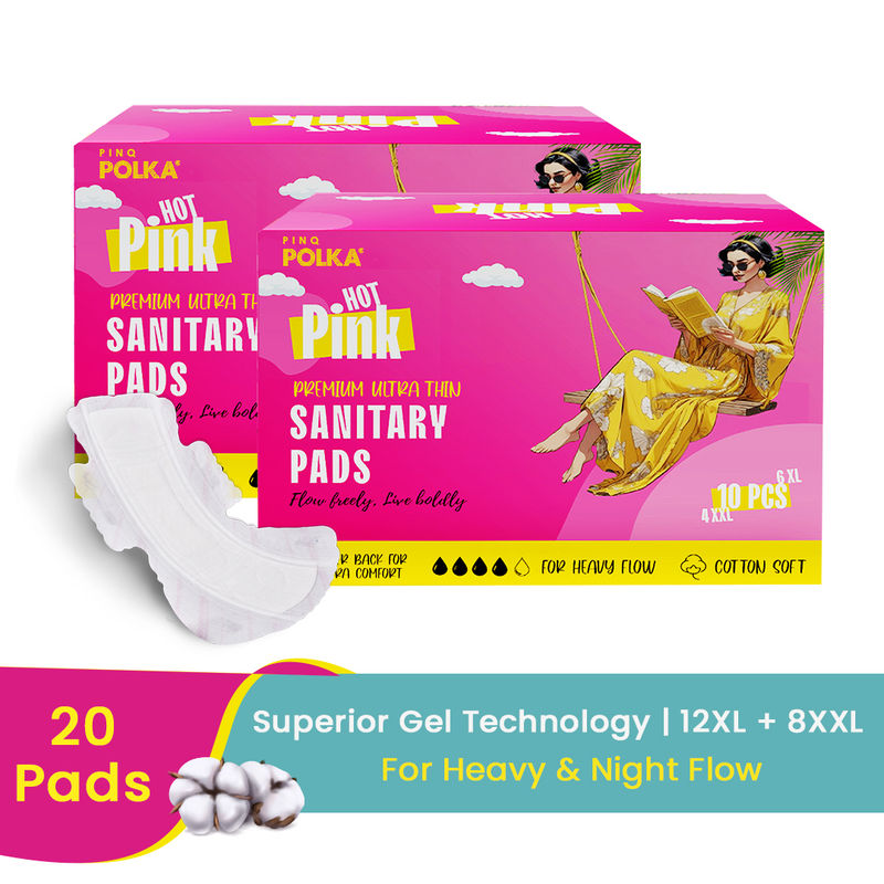PINQ POLKA Hot Pink Sanitary Pads XXL & XL Rash Free Heavy Flow Double Wings Protection