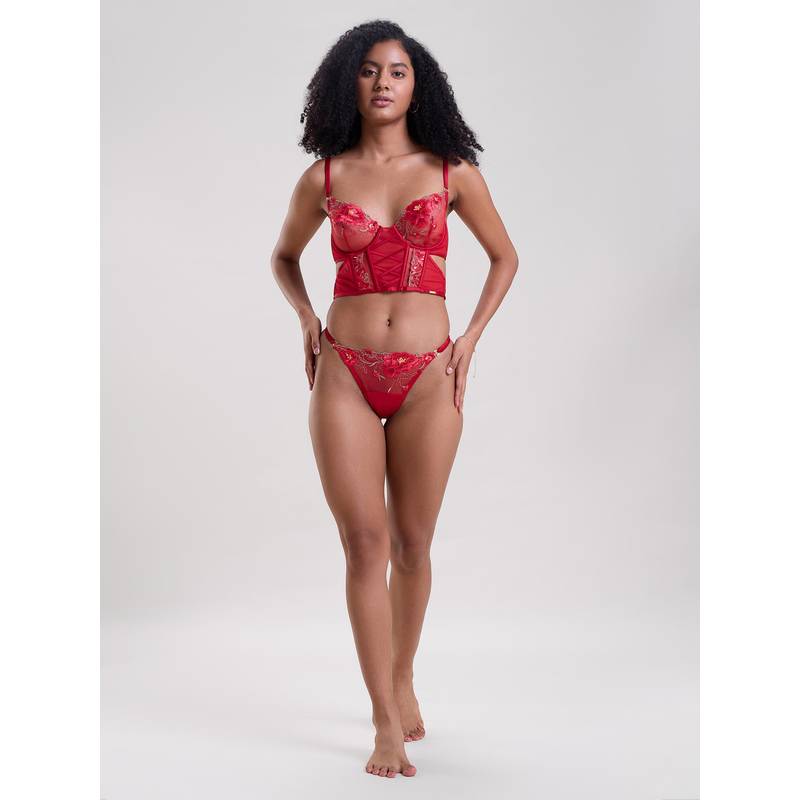 Mysthelle Red Self Design Lace Bra and Thong (30C)