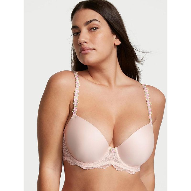 Victoria's Secret Dream Angels Rosebud Embroidery Smooth and Lace Lightly Lined Demi Bra Pink (32B)