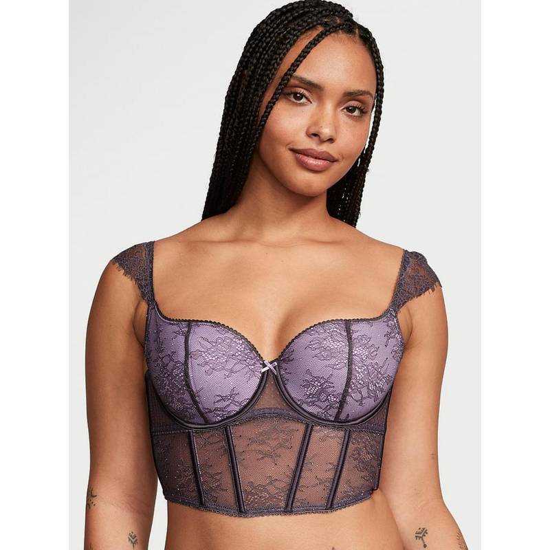 Victoria's Secret Dream Angels Lace Cap-Sleeve Corset Bra Top Grey (S DD)