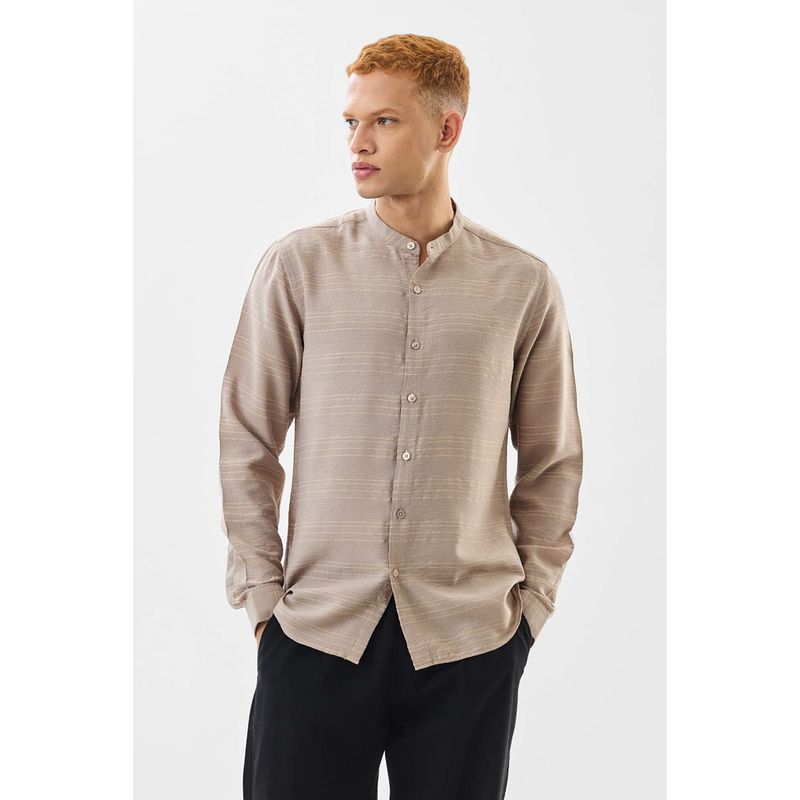 Snitch Beige Stripes Full Sleeves Slim Casual Shirt (2XL)