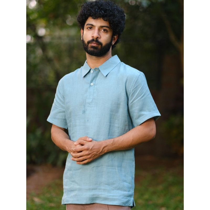 Creatures of Habit Linen Polo Shirt- Aqua (2XL)