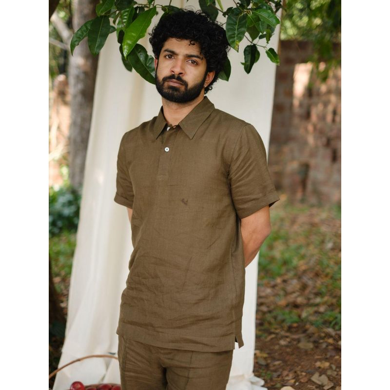 Creatures of Habit Linen Polo Shirt- Olive Green (XS)
