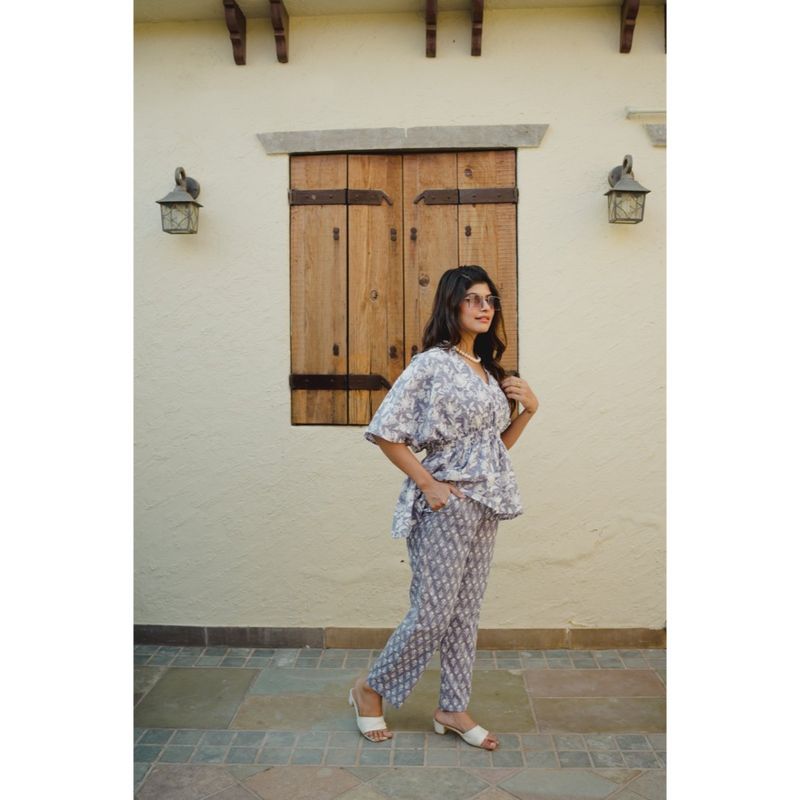 FEATHERS CLOSET High Low Steel Blue Pure Cotton Top with Pant (Set of 2) (2XL)