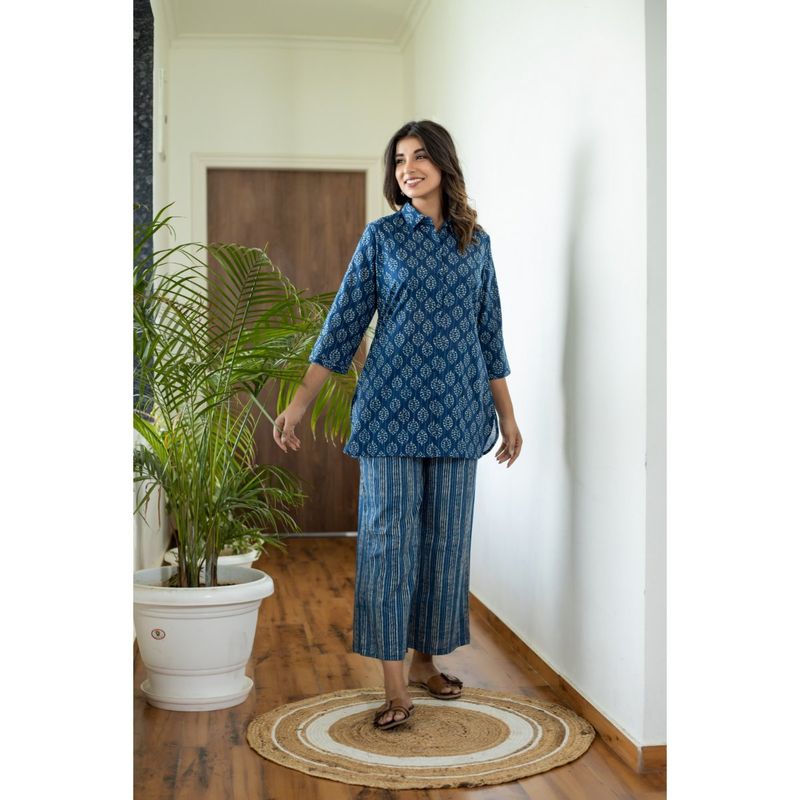 FEATHERS CLOSET Stripe Patti Collared Pure Cotton Top with Pant (Set of 2) (S/M)