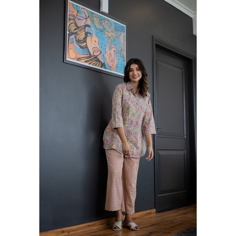 FEATHERS CLOSET Jaal Grey Pink Collared Pure Cotton Top with Pant (Set of 2) (L/XL)