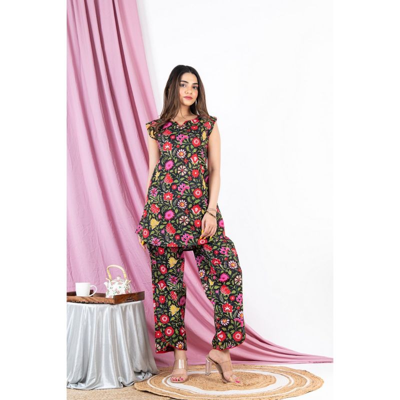 FEATHERS CLOSET Black Floral Sleeveless Top with Pant (Set of 2) (S/M)