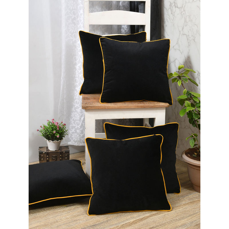 The Home Story Clasiko Velvet Cushion Covers Black with Piping (Set of 5) (18x18 Inches)
