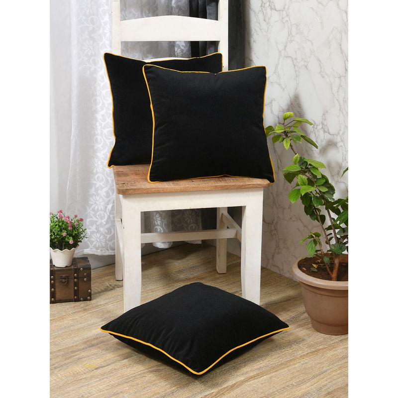 The Home Story Clasiko Velvet Cushion Covers Black with Piping (Set of 3) (24x24 Inches)