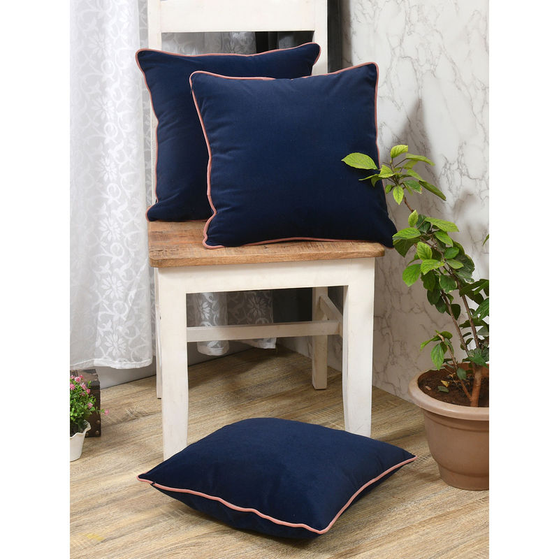 The Home Story Clasiko Velvet Cushion Covers Blue with Pink Piping (Set of 3) (18x18 Inches)
