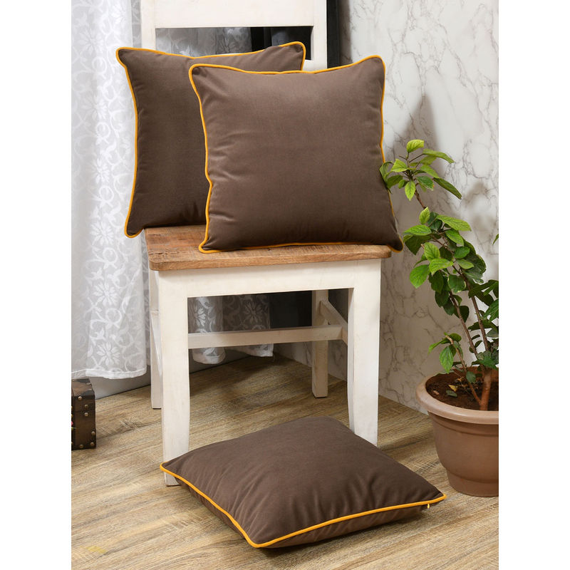 The Home Story Clasiko Velvet Cushion Covers Caramel Brown with Piping (Set of 3) (24x24 Inches)