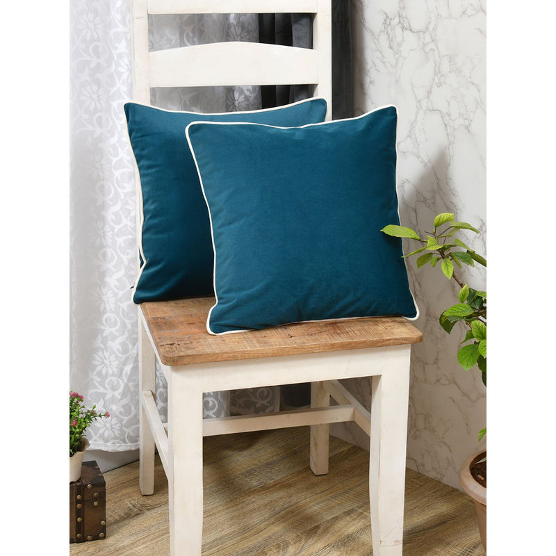 The Home Story Clasiko Velvet Cushion Covers Teal with Piping (Set of 2) (18x18 Inches)
