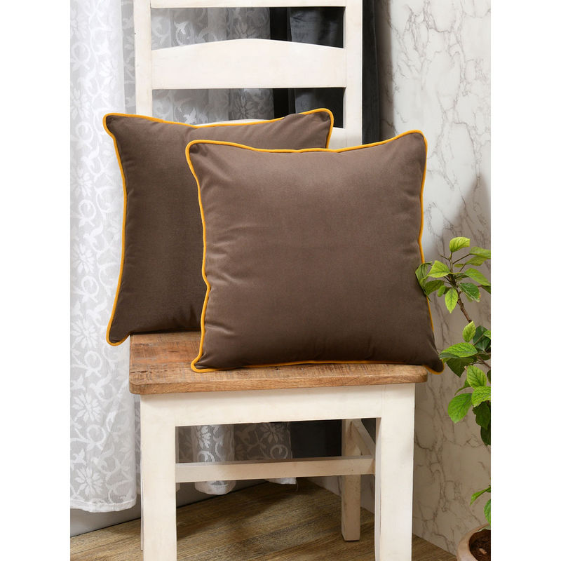 The Home Story Clasiko Velvet Cushion Covers Caramel Brown with Piping (Set of 2) (18x18 Inches)