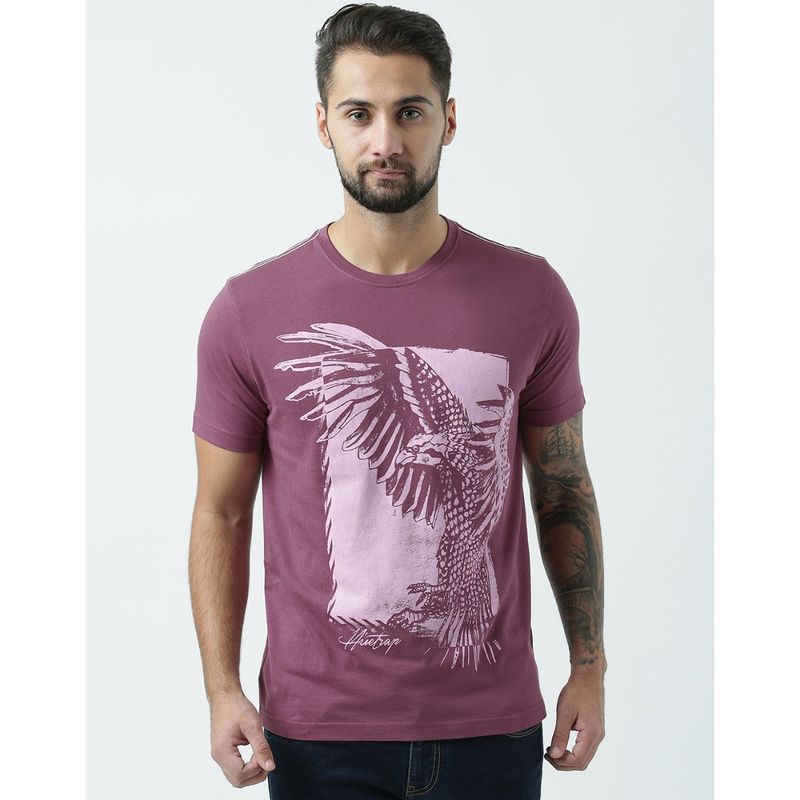 Huetrap Mens Round Neck Half Sleeves Plum T-Shirt (M)